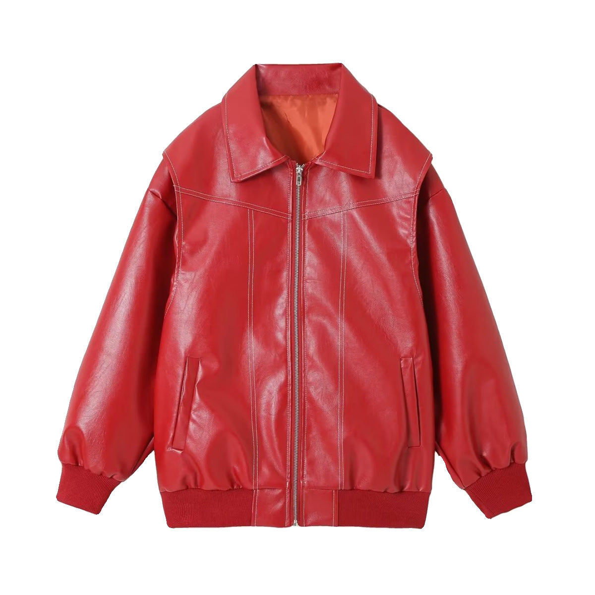 Women's Moto Biker Leather Jacket – Loose Fit, Lapel Collar, Zip-Up, Long Sleeve - 3KDyn